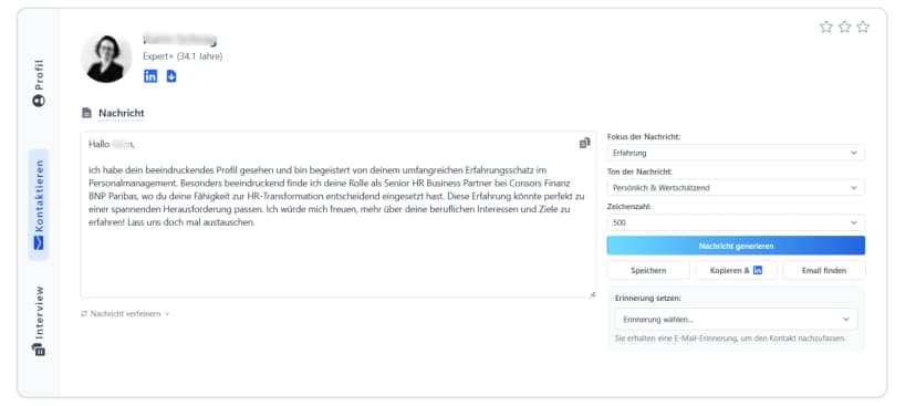 Personalisierte Kontaktaufnahme in Talentigo